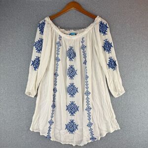 Blue Island Midi Cover Up Dress Off The Shoulder Ivory/Blue Embroidery Boho M/L